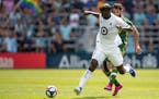 Minnesota FC defender Ike Opara (3) attempted to regain control of the ball against Portland in the first half of a match on Aug. 4 at Allianz Field.