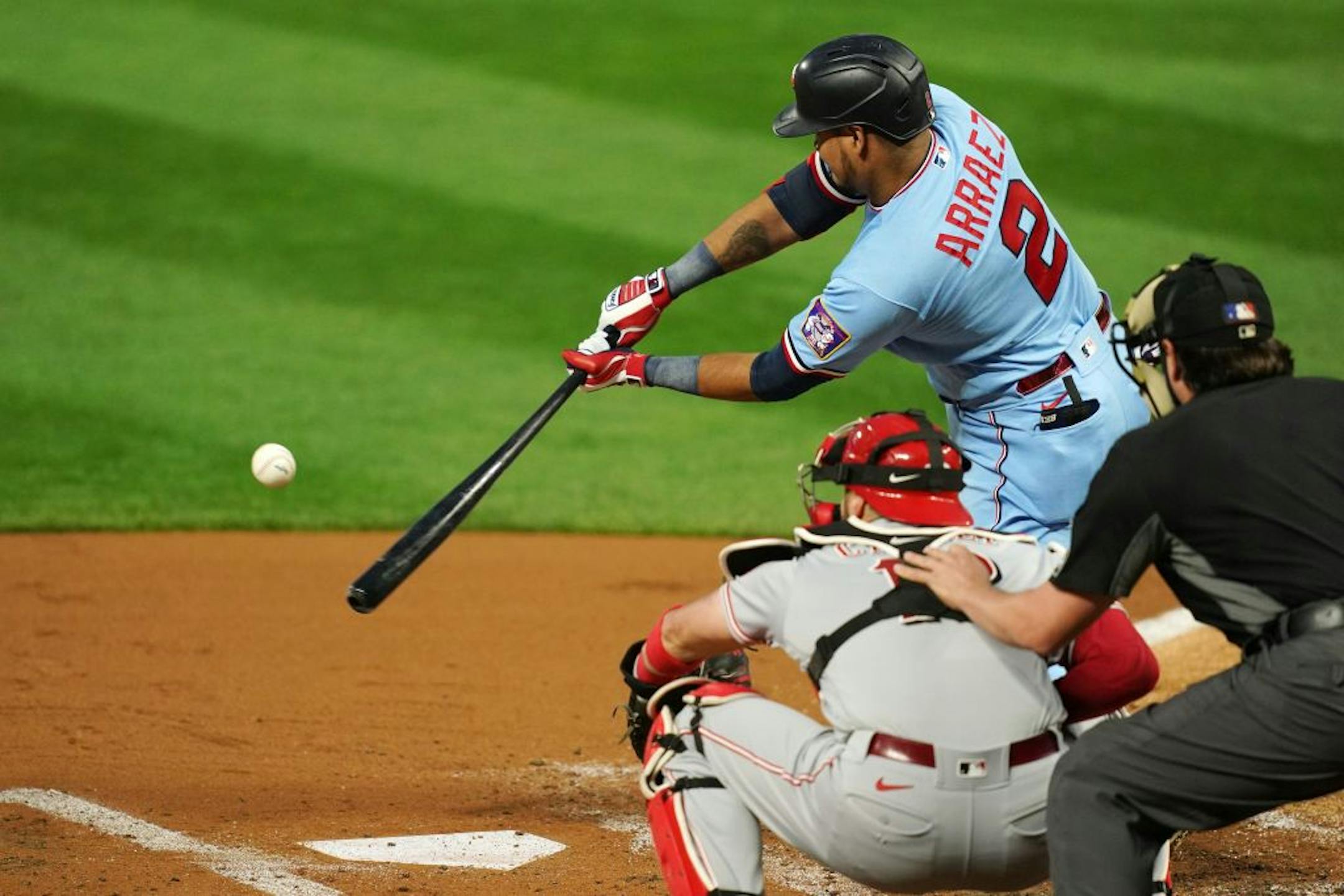 Minnesota Twins second baseman Luis Arráez (2) connected with the ball for a double in the first inning.