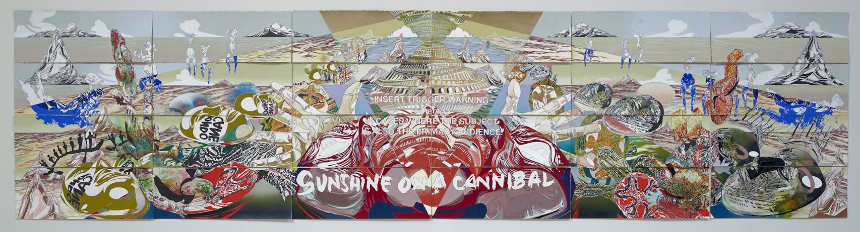 'Sunshine on a Cannibal' by Andrea Carlson, who interrogates pop-culture through massive, multi-horizon works.