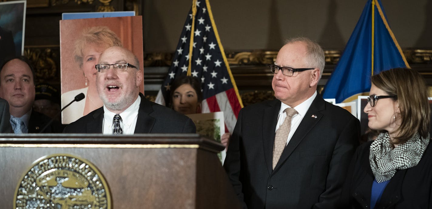 Rep. Frank Hornstein, the Bill's House sponsor, spoke at a press conference next to Gov. Tim Walz and Lt. Gov. Peggy Flanagan before the Governor signed the hands-free cellphone bill into law at the Capitol in St. Paul, Minn., on Friday, April 12, 2019. ] RENEE JONES SCHNEIDER &#xa5; renee.jones@startribune.com