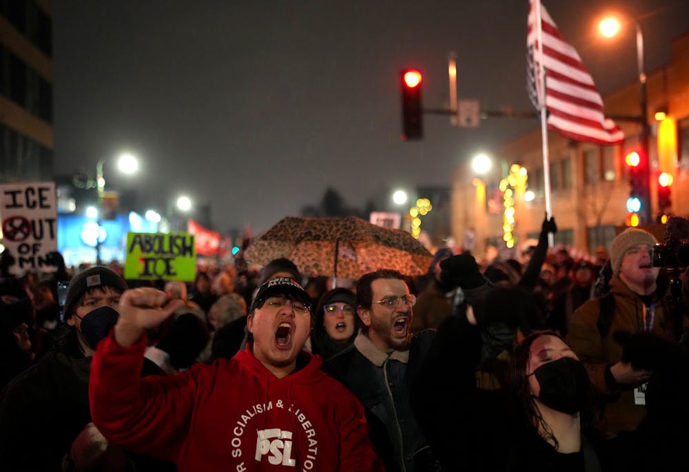 Protesters gather in Minneapolis on Jan. 8 for the "Stop the Terror" emergency demonstration, organized by the Twin Cities branch of the Party for Socialism and Liberation, in response to the fatal shooting of Renee Good by ICE in Minneapolis on Jan. 7.