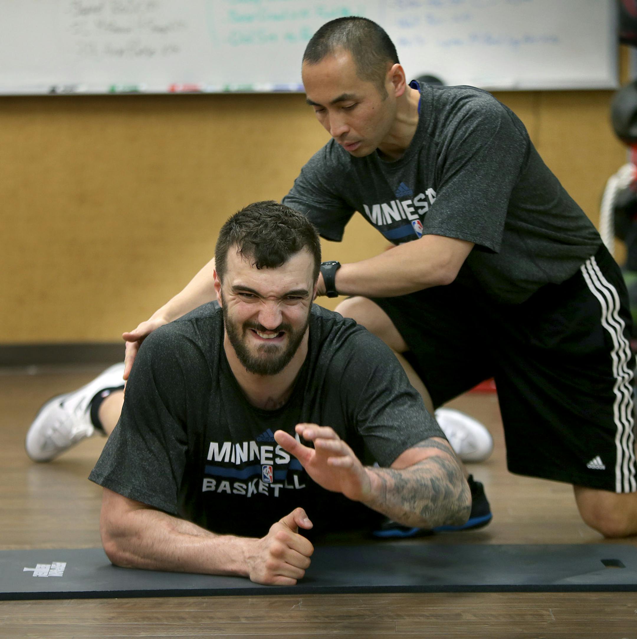 Minnesota Timberwolves center Nikola Pekovic worked under the direction of conditioning coach Koichi Sato at the Target Center, Monday, January 20, 2014. (ELIZABETH FLORES/STAR TRIBUNE) ELIZABETH FLORES &#x2022; eflores@startribune.com
