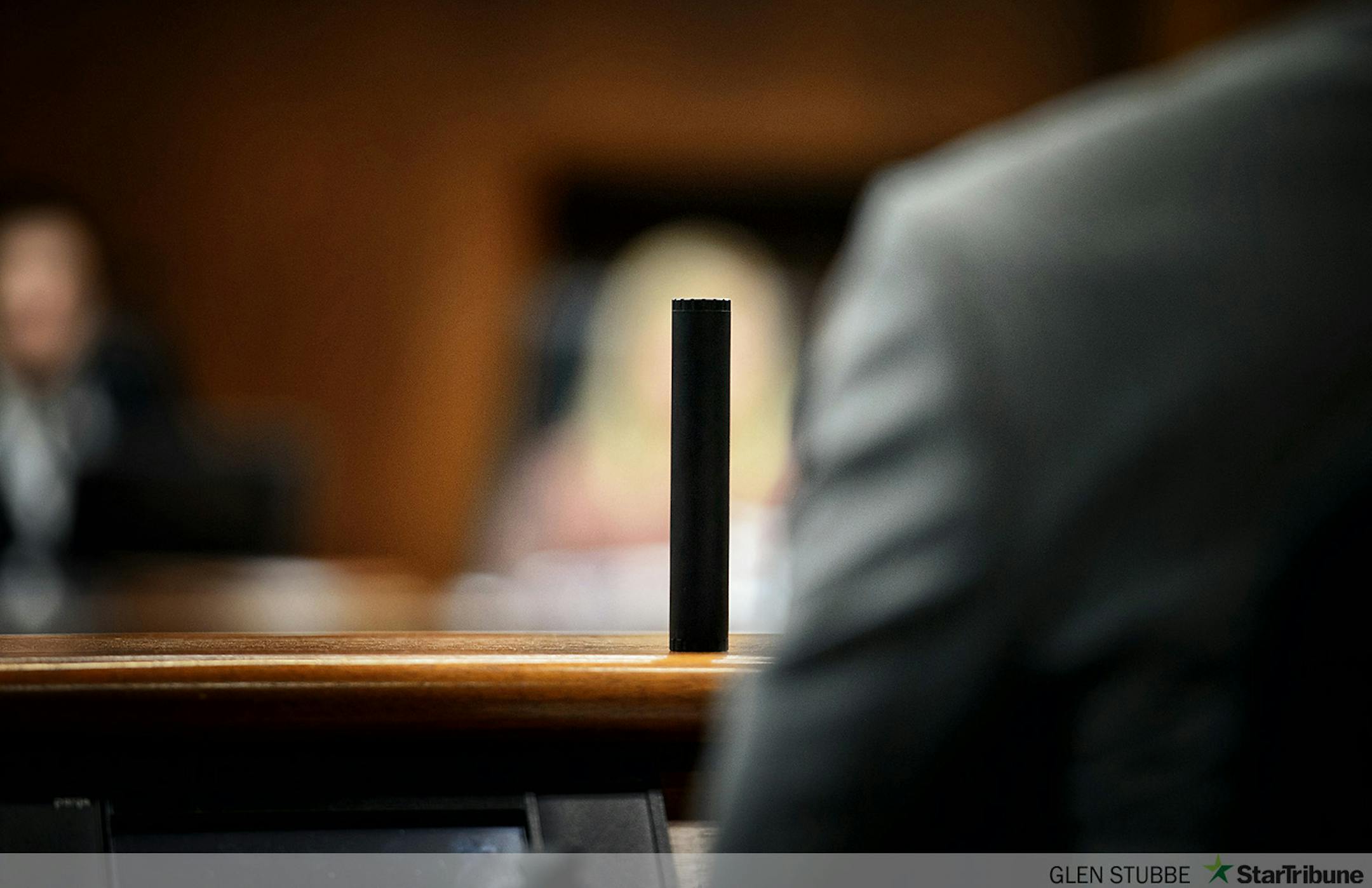 Knox Williams, representing the American Suppressor Association testified with a suppressior in the desk in front of him.    Supporters for gun owners rights groups and anti-gun forces attended a hearing at the State Capitol for a bill that would allow suppressors or silencers on guns in Minnesota.    ] GLEN STUBBE * gstubbe@startribune.com  Thursday, March 12, 2015