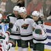 Wild right winger Jason Pominville, second from right, celebrated with teammates Jared Spurgeon, Marco Scandella, Mikael Granlund, and Zach Parise aft