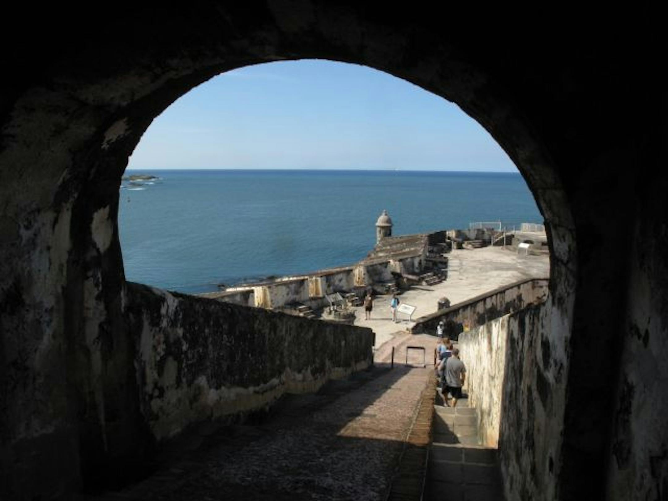 A staircase at El Morro, a fort in Old San Juan, that looks towards the Atlantic.