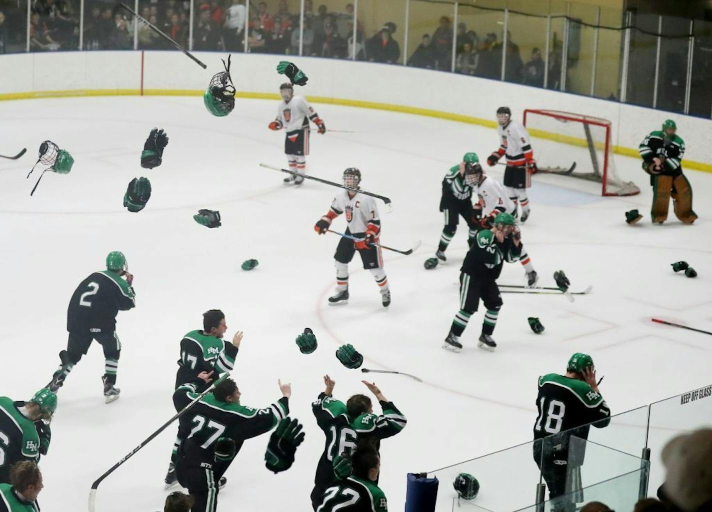 Hockey gear flew at the conclusion of Hill-Murray's 3-1 win over White Bear Lake during Boys' hockey, Class 2A, Section 4 final Friday, March 2, 2018, at Aldrich Arena in Maplewood, MN.