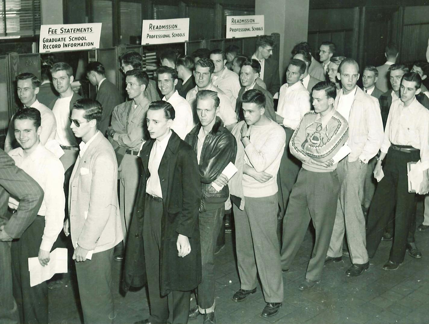 Students waiting to register at the U. Many veterans were the first in their families to go to college.