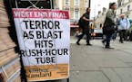A London evening newspaper stand displays headline outside Paddington tube station in London, after a terrorist incident was declared at Parsons Green