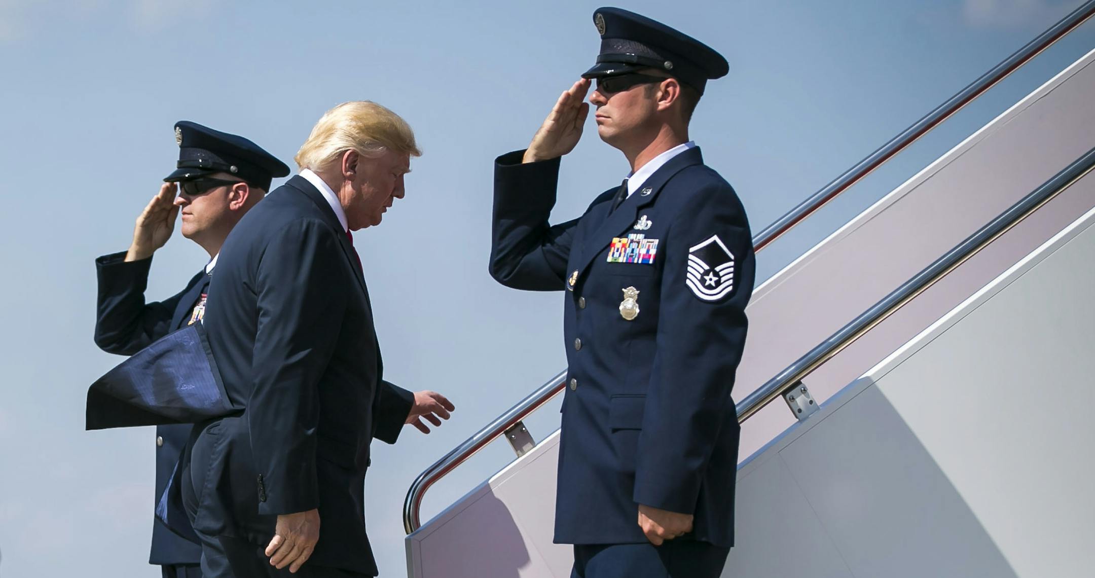 FILE-- President Donald Trump boards Air Force One at Joint Base Andrews in Maryland, bound for his summer vacation, Aug. 4, 2017. Trump is not the first president to be caught in lies. But the degree to which he has trafficked in falsehoods is raising questions about whether standards for veracity have eroded. (Al Drago/The New York Times)