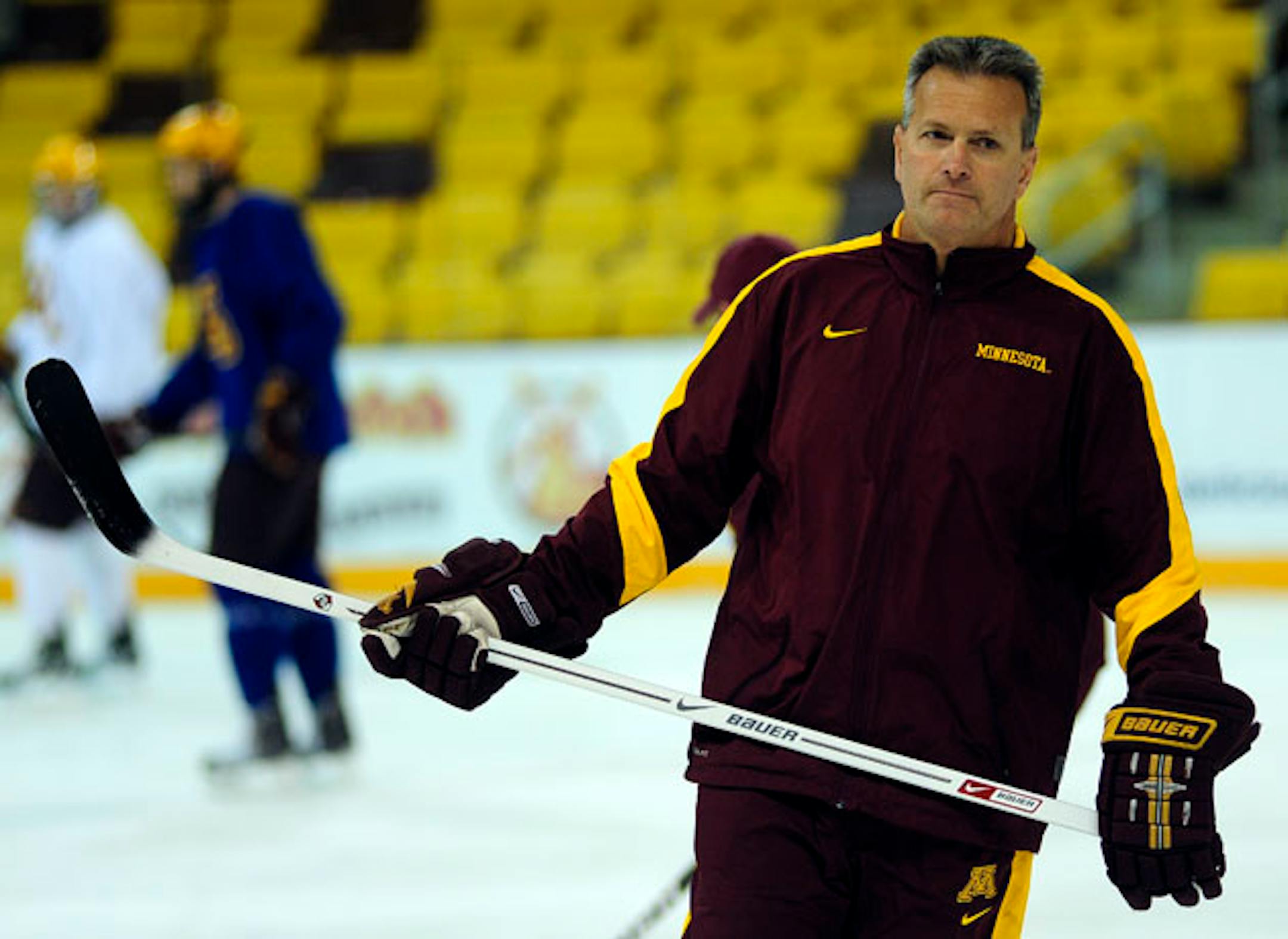 Gophers coach Don Lucia was all-business at today's morning skate at Amsoil Arena. Howie Hanson / For StarTribune.com