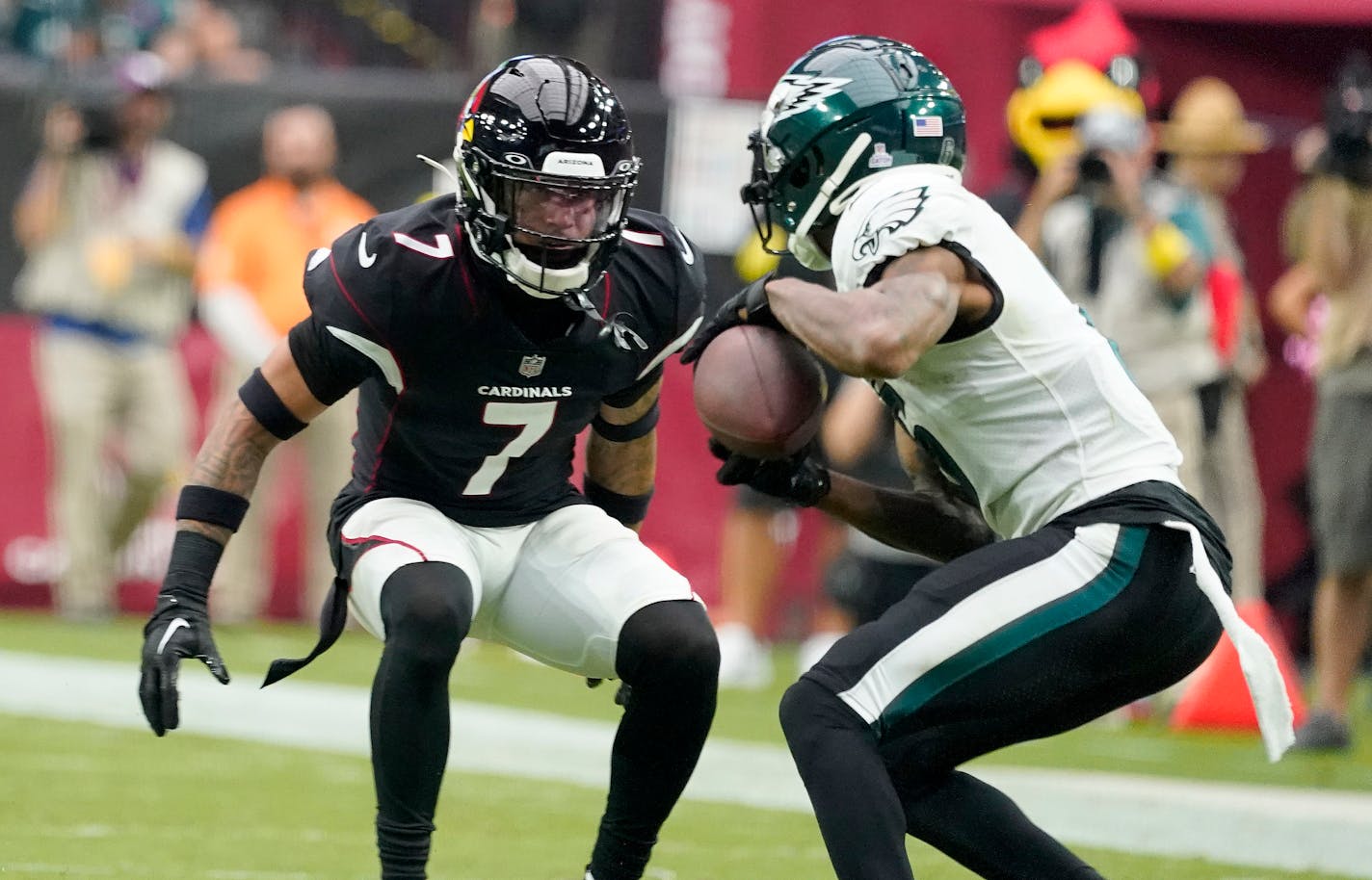 Arizona Cardinals' Byron Murphy Jr. (7) during the first half of an NFL football game against the Philadelphia Eagles, Sunday, Oct. 9, 2022, in Glendale, Ariz. (AP Photo/Darryl Webb)