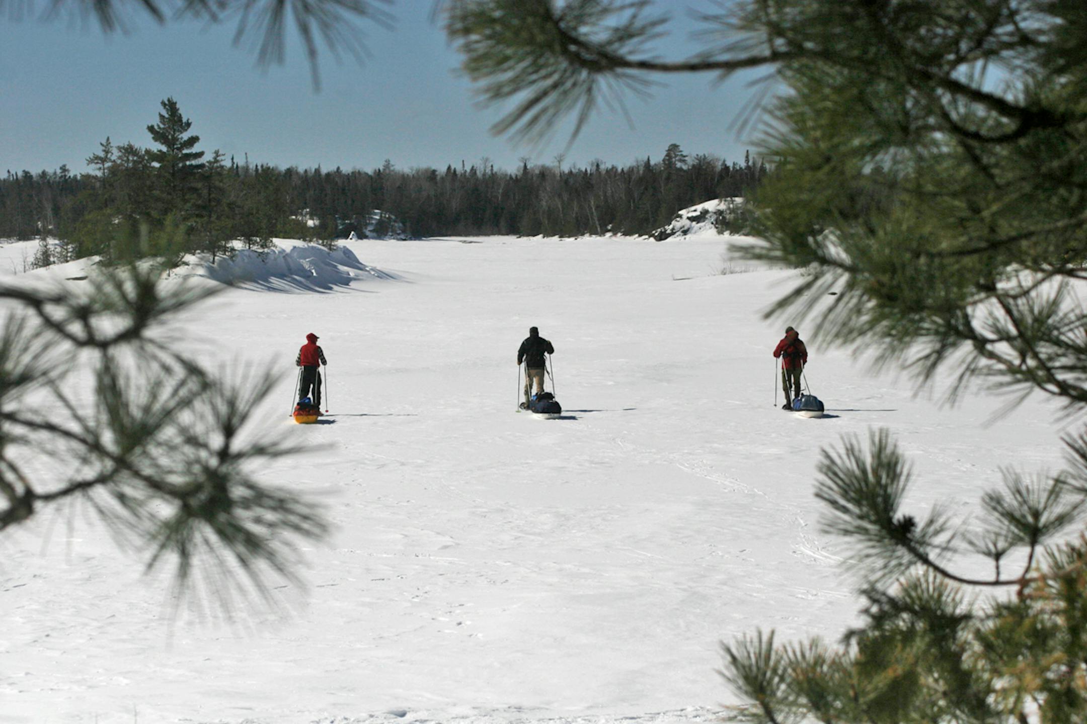 Three visitors to the BWCA, pulling sleds loaded with camping gear, snowshoe across a frozen lake. Photo by Doug Smith/Star Tribune
