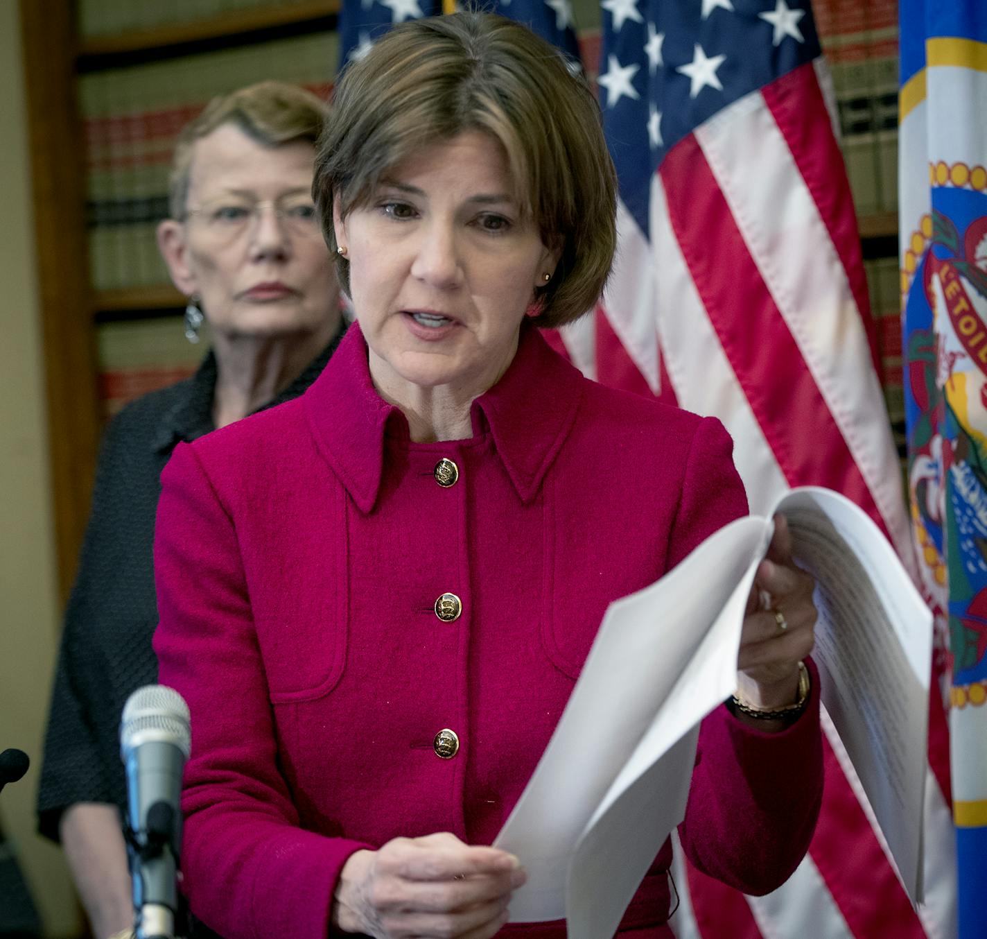 Minnesota Attorney General Lori Swanson revealed that she has filed a lawsuit against American Federation of Police & Concerned Citizens, Inc. ("AFPCC") during a press conference at the State Capitol, Tuesday, October 10, 2018 in St. Paul, MN. The Florida charity targeted people in Minnesota to give donations that would be used to help families killed in the line of duty. ] ELIZABETH FLORES &#xef; liz.flores@startribune.com