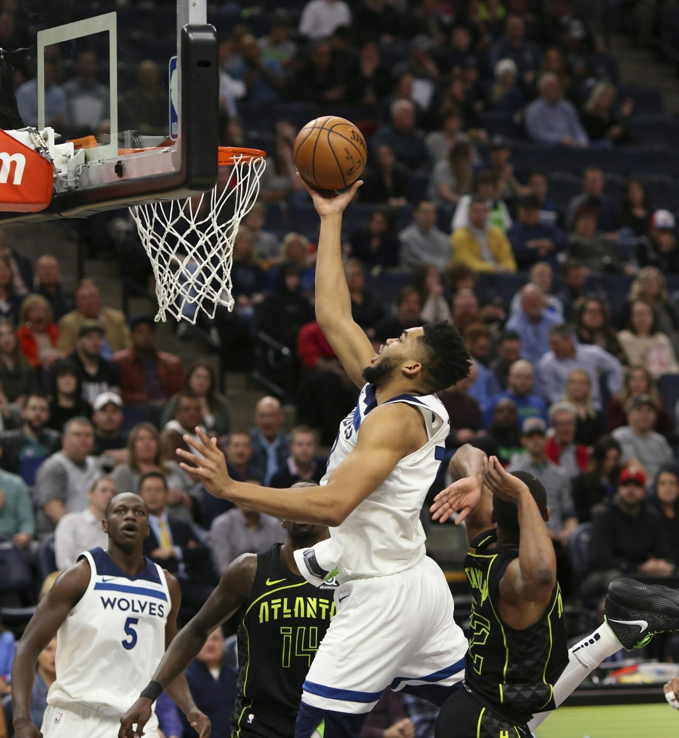 Minnesota Timberwolves center Karl-Anthony Towns (32) with a first half basket on a night that saw him scoring a franchise-record 56 points.
