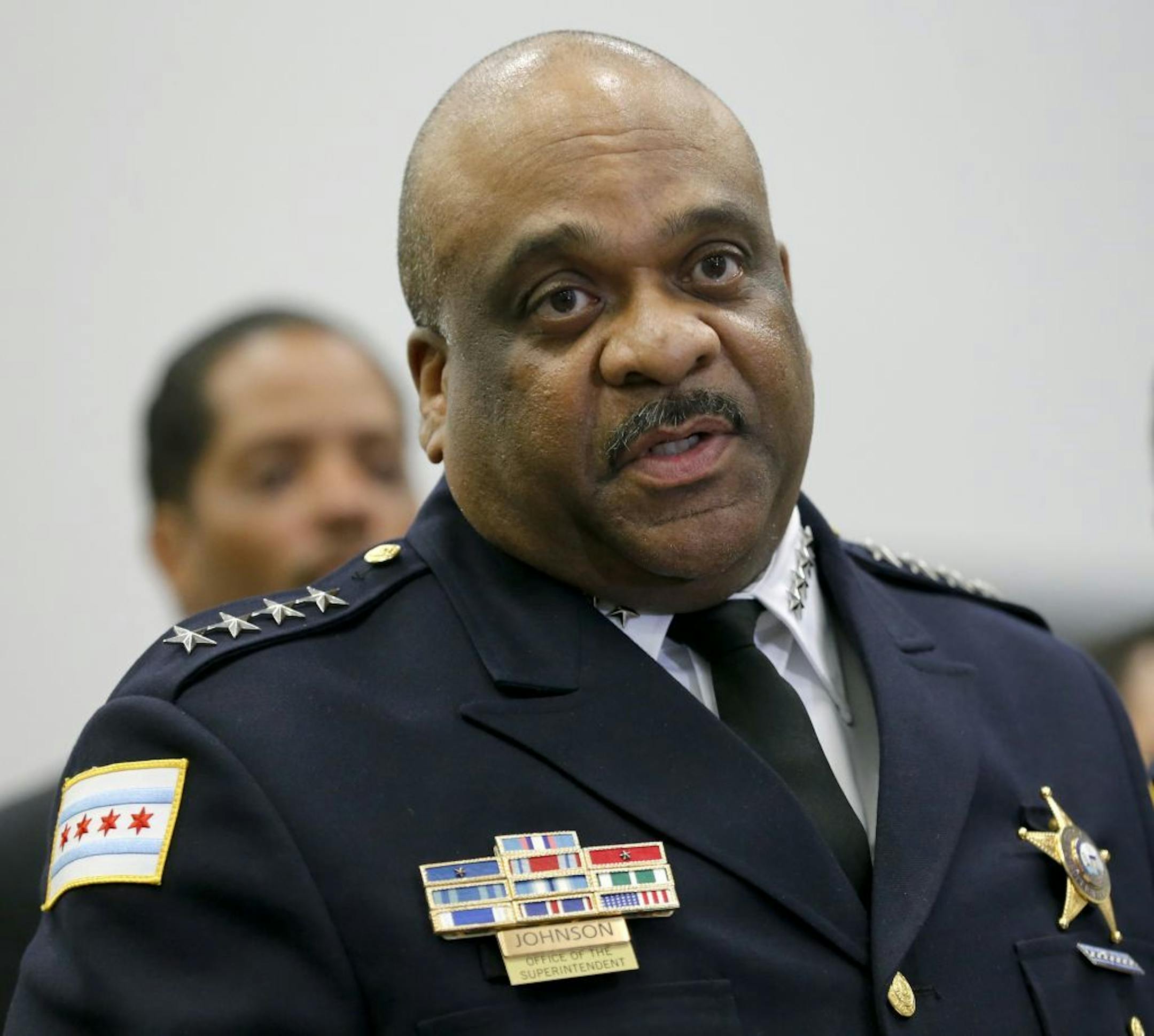 FILE - In this Sept. 21, 2016, file photo, Chicago Police Superintendent Eddie Johnson speaks during a news conference in Chicago. One of the bloodiest years on record in Chicago ended with 762 homicides and more than 3,500 shooting incidents, in 2016, according to crime statistics released by police on Sunday, Jan. 1, 2017.