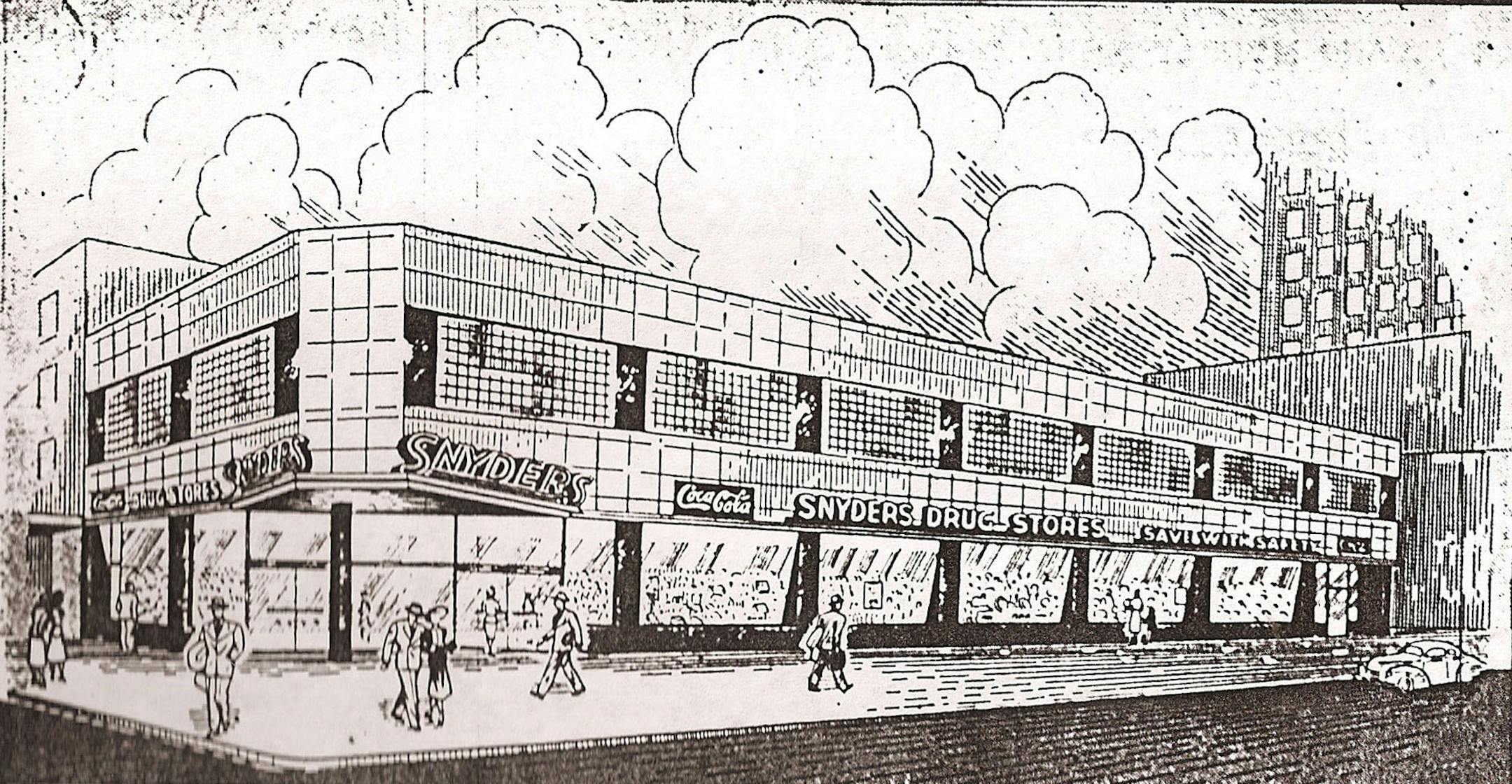 A drawing of the rebuilt Snyders was part of a 1948 ad in the Minneapolis Star heralding the grand opening of the "Worlds Finest Drug Store."