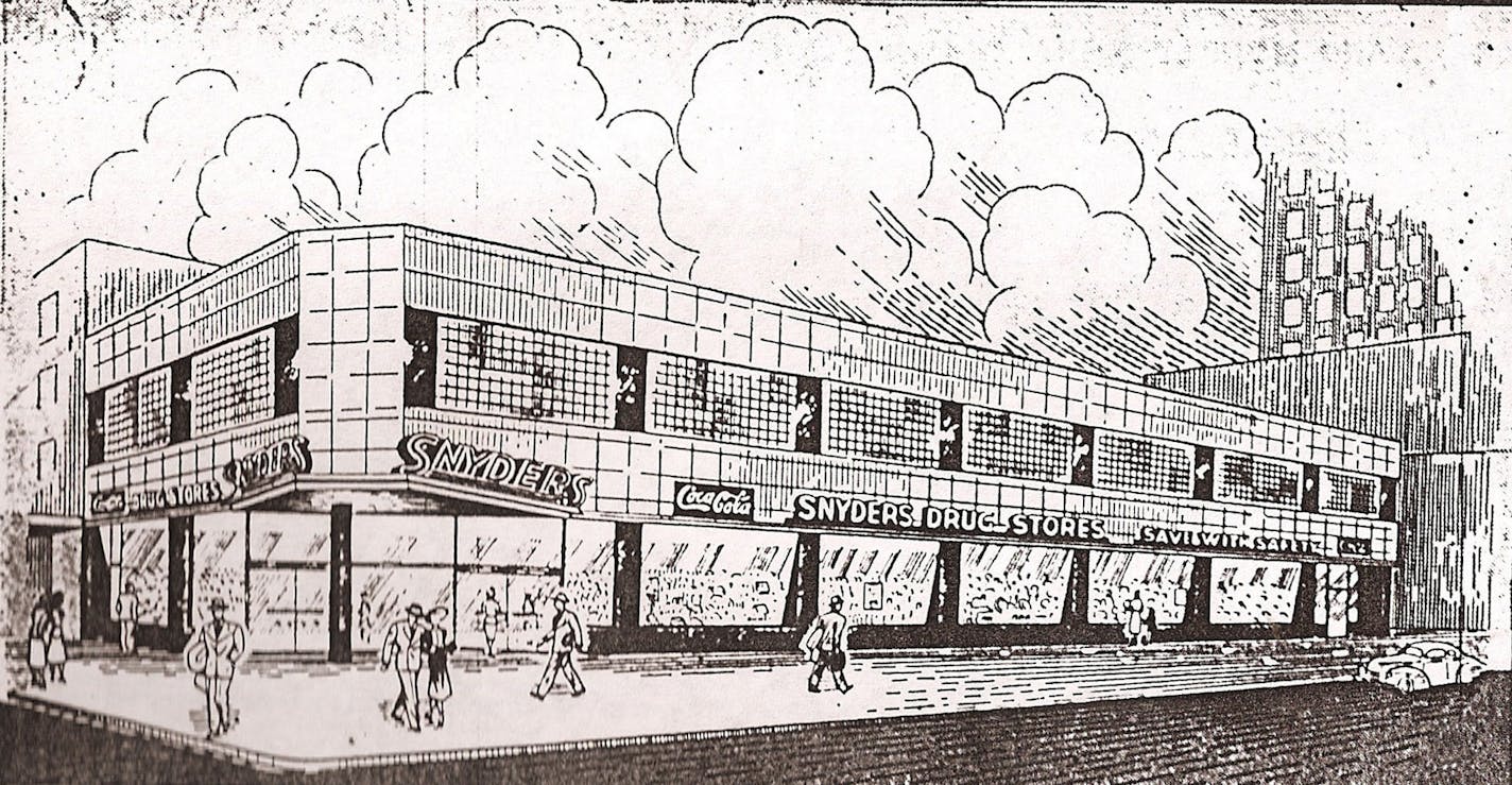 A drawing of the rebuilt Snyders was part of a 1948 ad in the Minneapolis Star heralding the grand opening of the "Worlds Finest Drug Store."