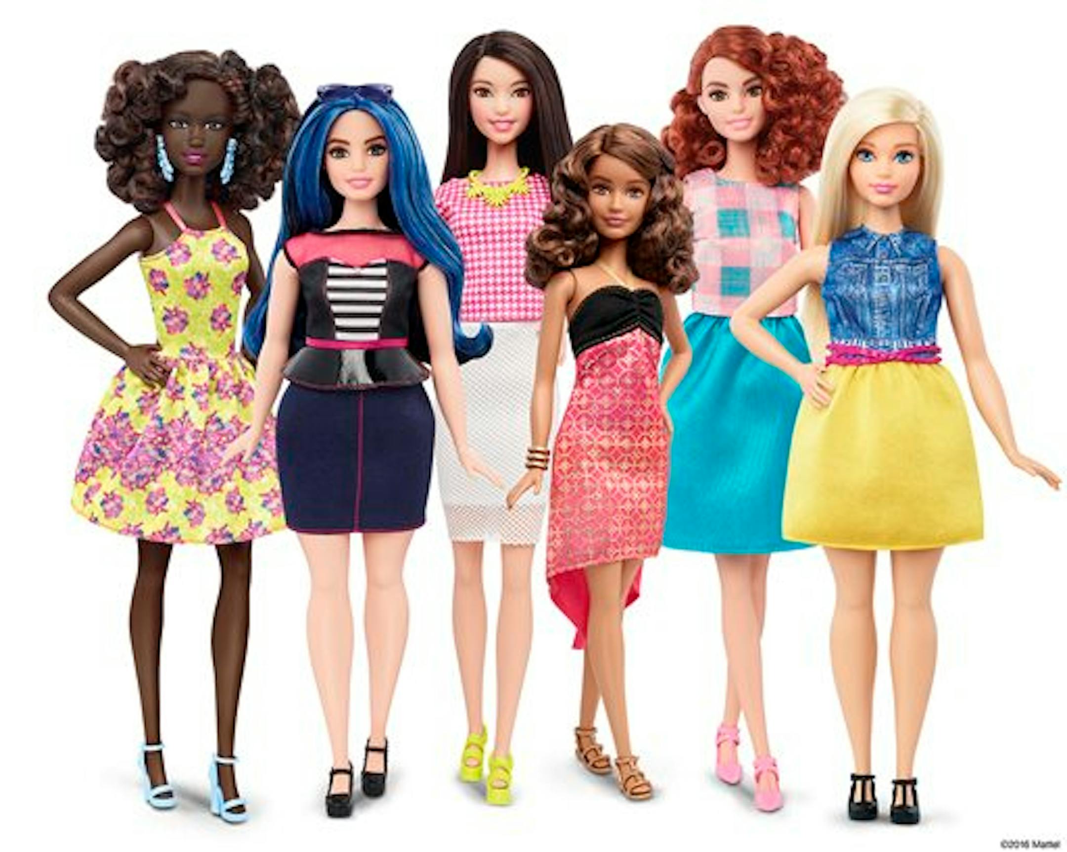 This photo provided by Mattel shows a group of new Barbie dolls introduced in January 2016. Mattel, the maker of the famous plastic doll, said it will start selling Barbie�s in three new body types: tall, curvy and petite. She�ll also come in seven skin tones, 22 eye colors and 24 hairstyles. (Mattel via AP)
