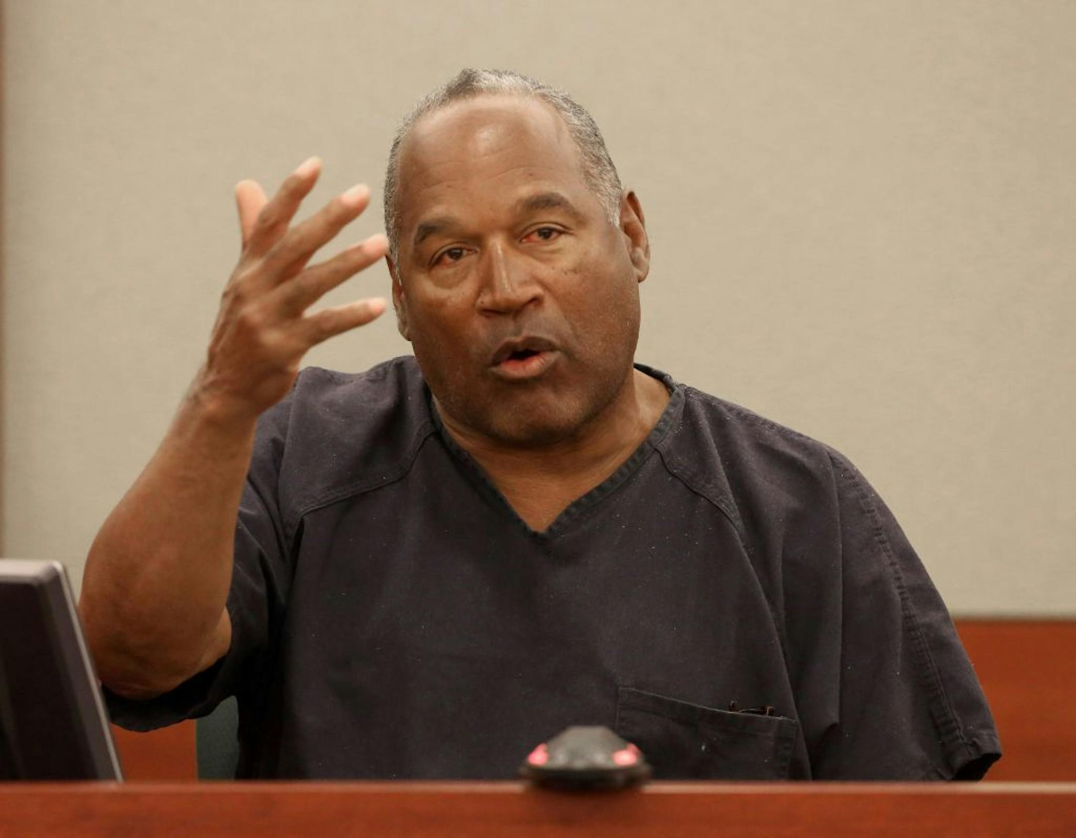 O.J. Simpson testifies during an evidentiary hearing in Clark County District Court, Wednesday in Las Vegas.