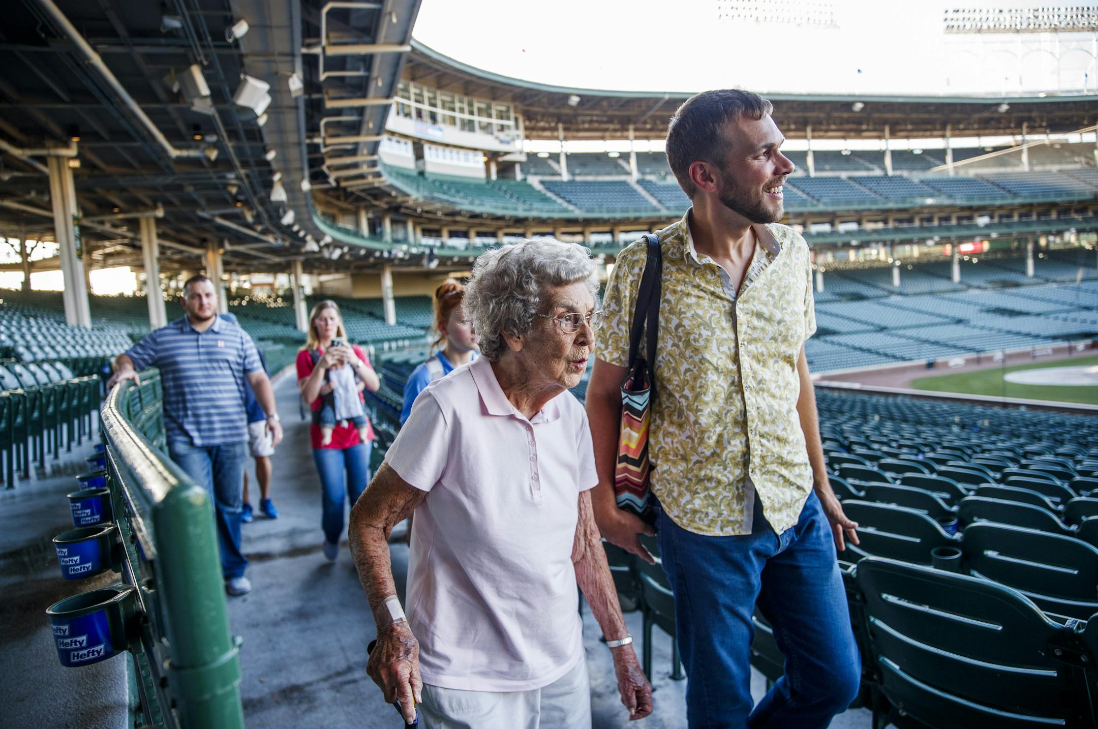 Joy Ryan, 89, and her grandson Brad Ryan, 38, tour Wrigley Field Wednesday Sept. 25, 2019 in Chicago. (Armando L. Sanchez/Chicago Tribune/TNS) ORG XMIT: 1447374 ORG XMIT: MIN1910011117412731