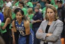 Minnesota Lynx forward Maya Moore (23) and head coach Cheryl Reeve waited to leave the court as Los Angeles celebrated their championship. ] JEFF WHEE