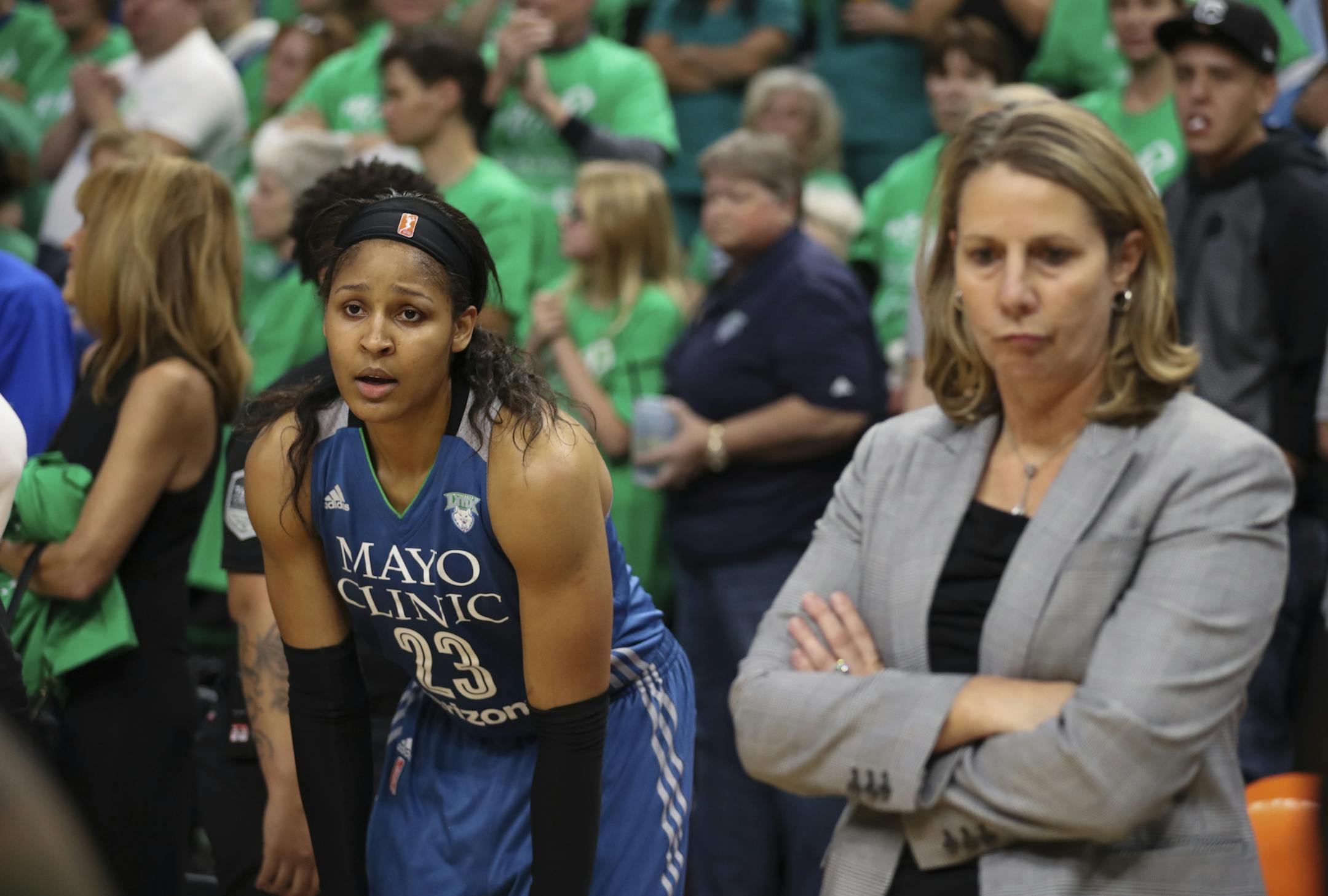 Minnesota Lynx forward Maya Moore (23) and head coach Cheryl Reeve waited to leave the court as Los Angeles celebrated their championship. ] JEFF WHEELER ï jeff.wheeler@startribune.com The Minnesota Lynx lost to the Los Angeles Sparks 77-76 in the winner-take-all Game 5 of their WNBA Finals series Thursday night, October 20, 2016 at Target Center in Minneapolis.