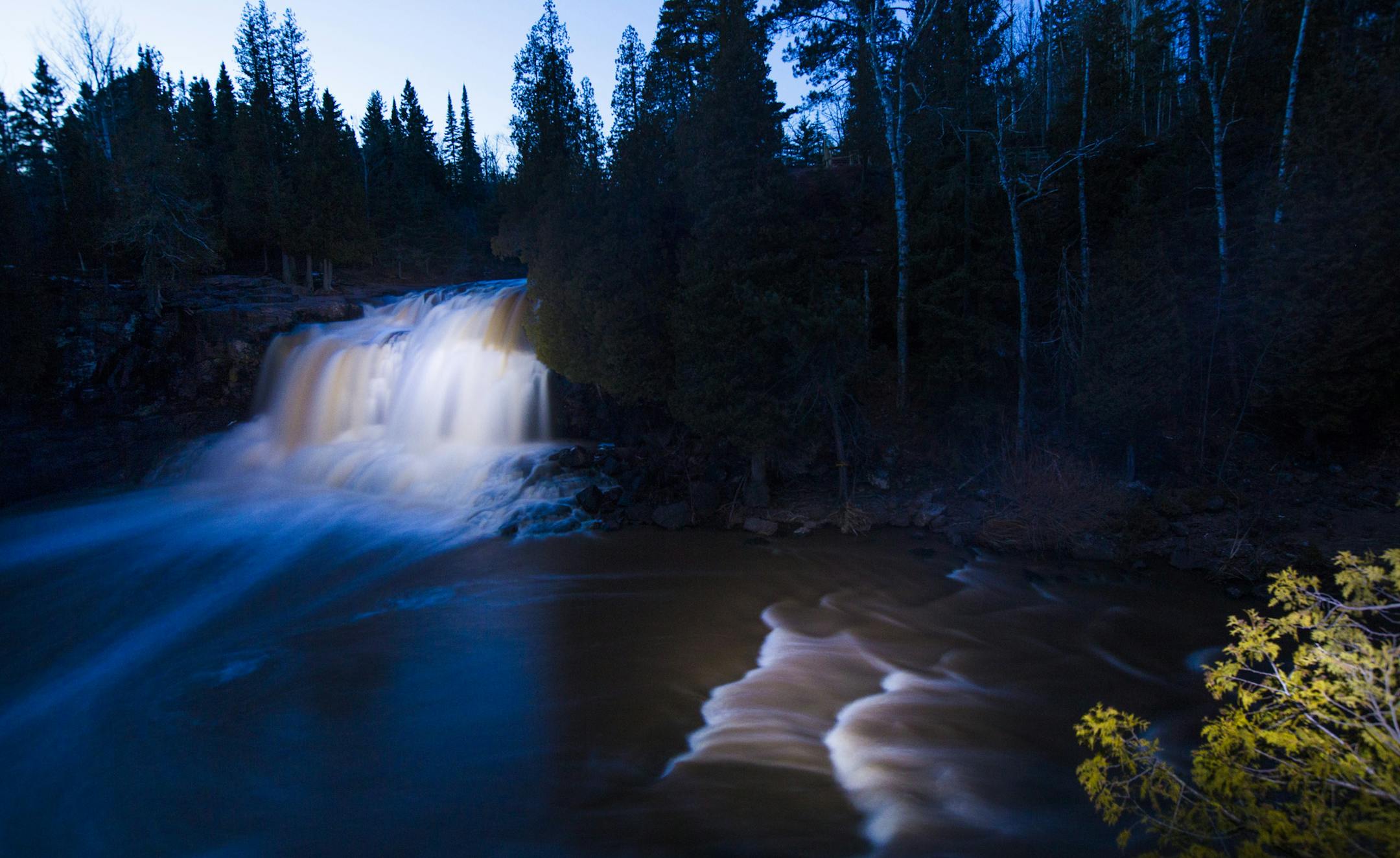 The High Falls of the Gooseberry River is one of the most accessable and popular waterfalls on the north shore, shown here at dusk in mid-April. ] Spring is waterfall season on the North Shore of Lake Superior. Brian.Peterson@startribune.com North Shore, MN - 05/17/2016