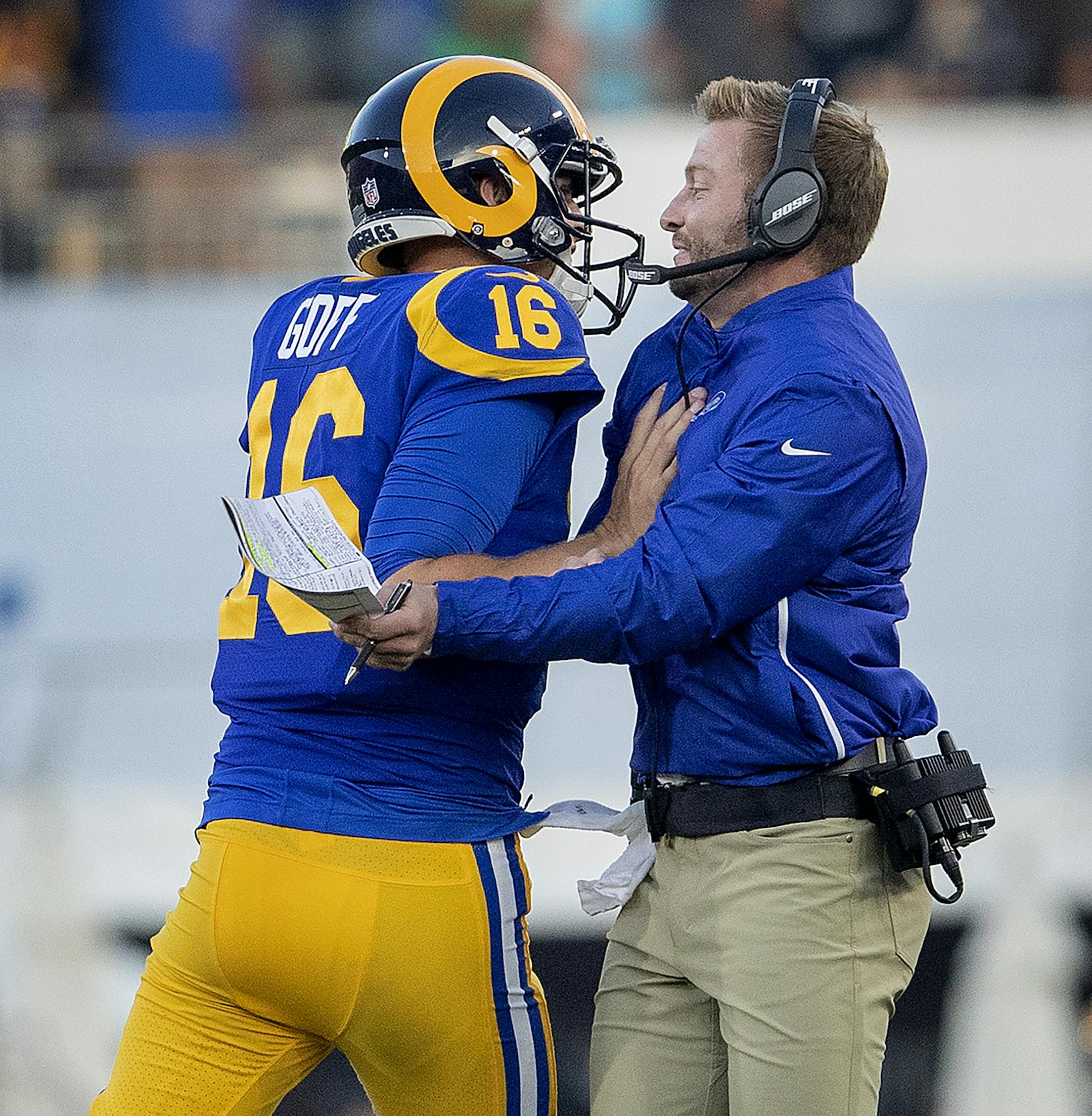 Rams quarterback Jared Goff celebrated after throwing a 70-yard touchdown pass in the second quarter. ] CARLOS GONZALEZ ï cgonzalez@startribune.com ñ September 2, 2018, Los Angeles, CA, LA Memorial Coliseum, NFL, Minnesota Vikings vs. Los Angeles Rams