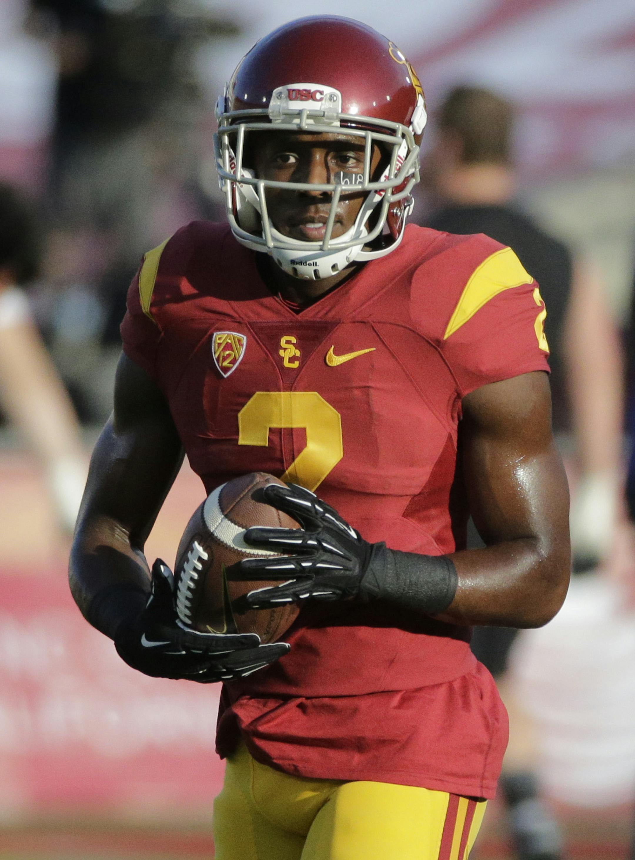 Southern California cornerback Adoree' Jackson walks with the ball during practice for an NCAA college football game against Washington, Thursday, Oct. 8, 2015, in Los Angeles. (AP Photo/Jae C. Hong) ORG XMIT: NYOTK