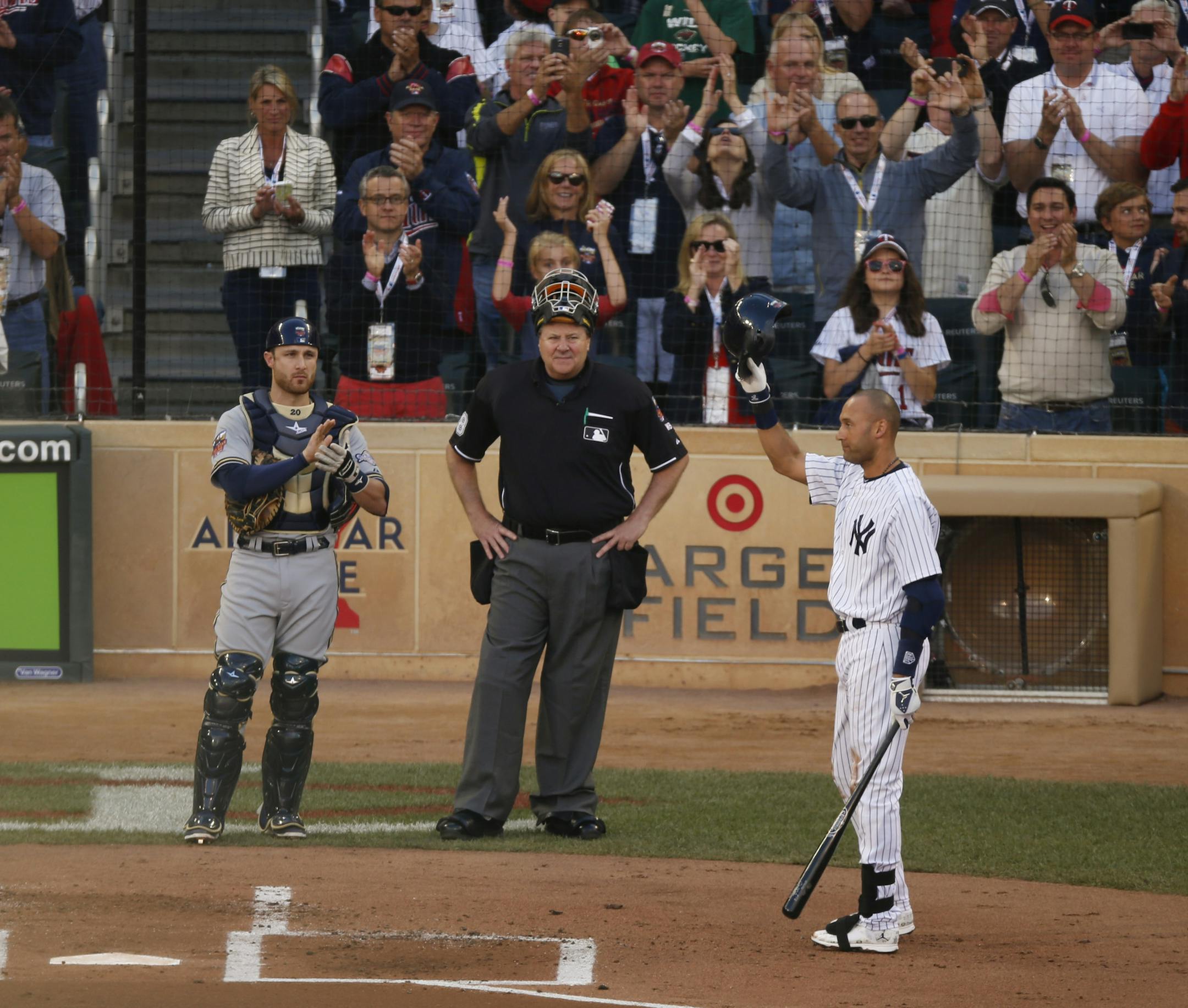 The Yankees Derek Jeter tipped his helmet to the crowd as they gave him a standing ovation for his first at bat during the first inning of the All-Star Game Tuesday afternoon. ] JEFF WHEELER ‚Ä¢ jeff.wheeler@startribune.com The 2014 MLB All-Star Game was held Tuesday night, July 14, 2014 at Target Field in Minneapolis.