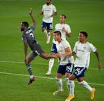 Minnesota United midfielder Kevin Molino (7) watched his first half shot hit the mark for a goal.