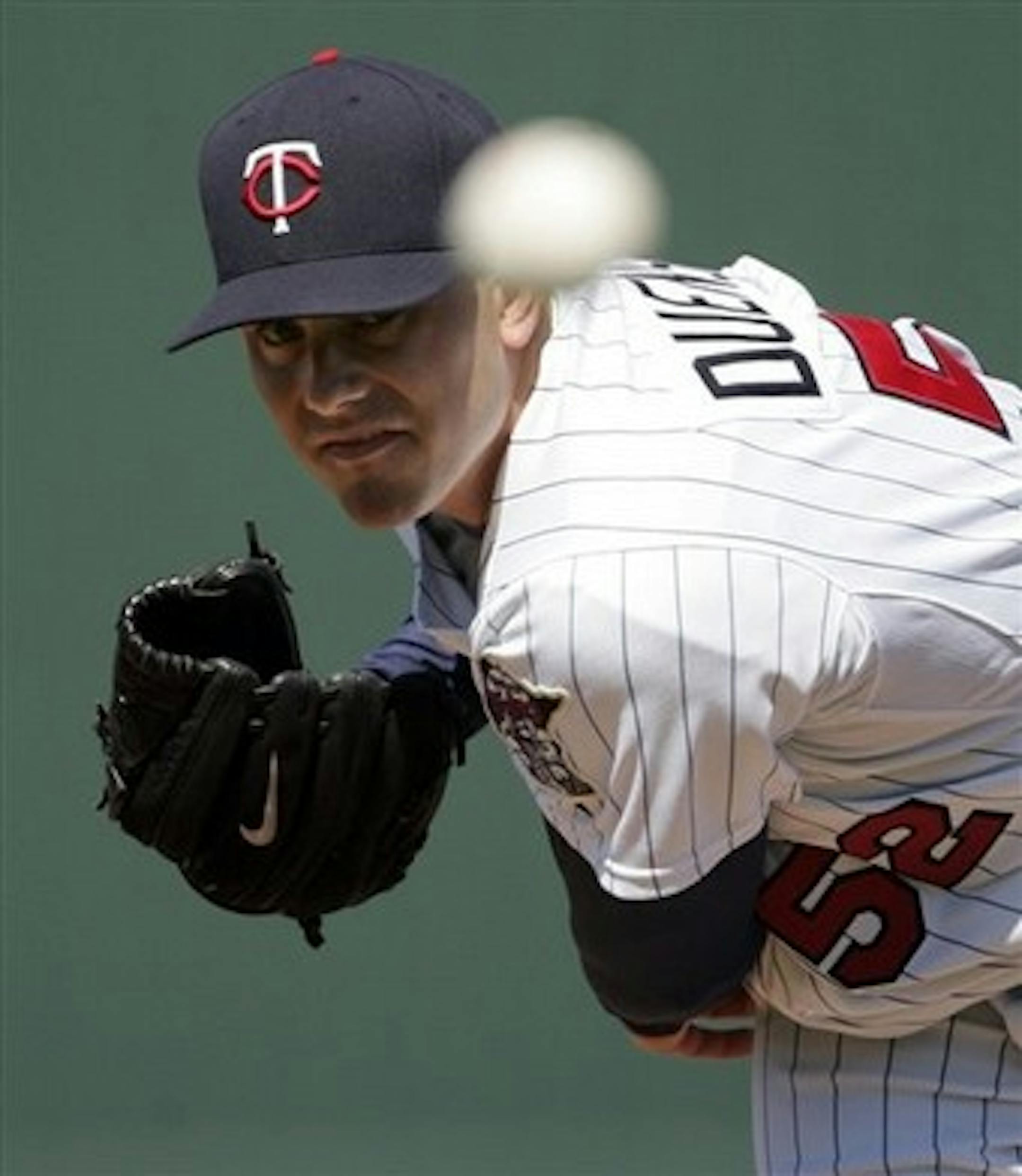 Minnesota Twins' Brian Duensing delivers a warm-up throw before pitching against the Minnesota Twins in the fourth inning of an exhibition spring training baseball game, in Fort Myers,  Fla., Tuesday, March 3, 2009. The Twins beat Puerto Rico 3-2. (AP Photo/Steven Senne)