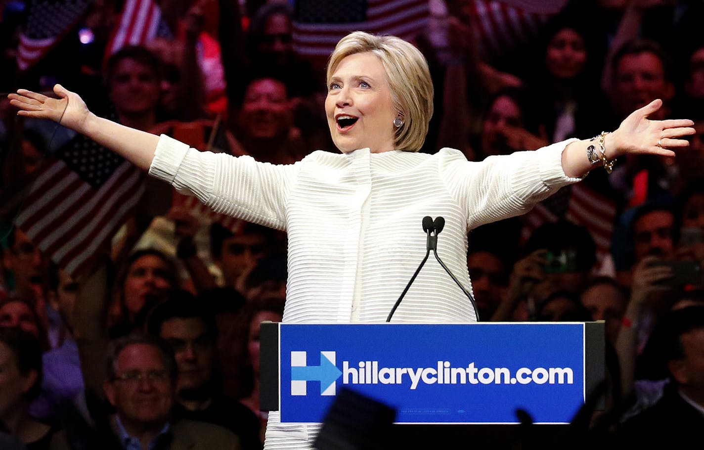 Democratic presidential candidate Hillary Clinton gestures as she greets supporters at a presidential primary election night rally, Tuesday, June 7, 2016, in New York. (AP Photo/Julio Cortez) ORG XMIT: MIN2016061012165943