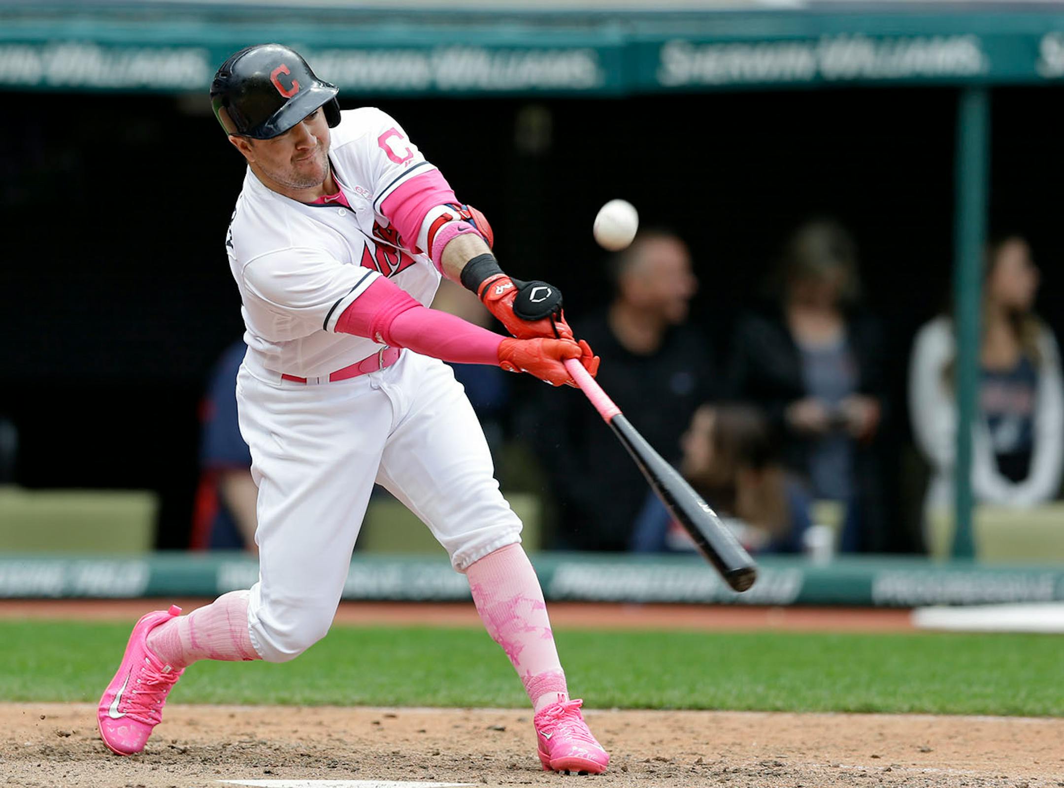 Cleveland Indians' Daniel Robertson bats against the Minnesota Twins in the seventh inning of a baseball game, Sunday, May 14, 2017, in Cleveland. Robertson was out on the play.