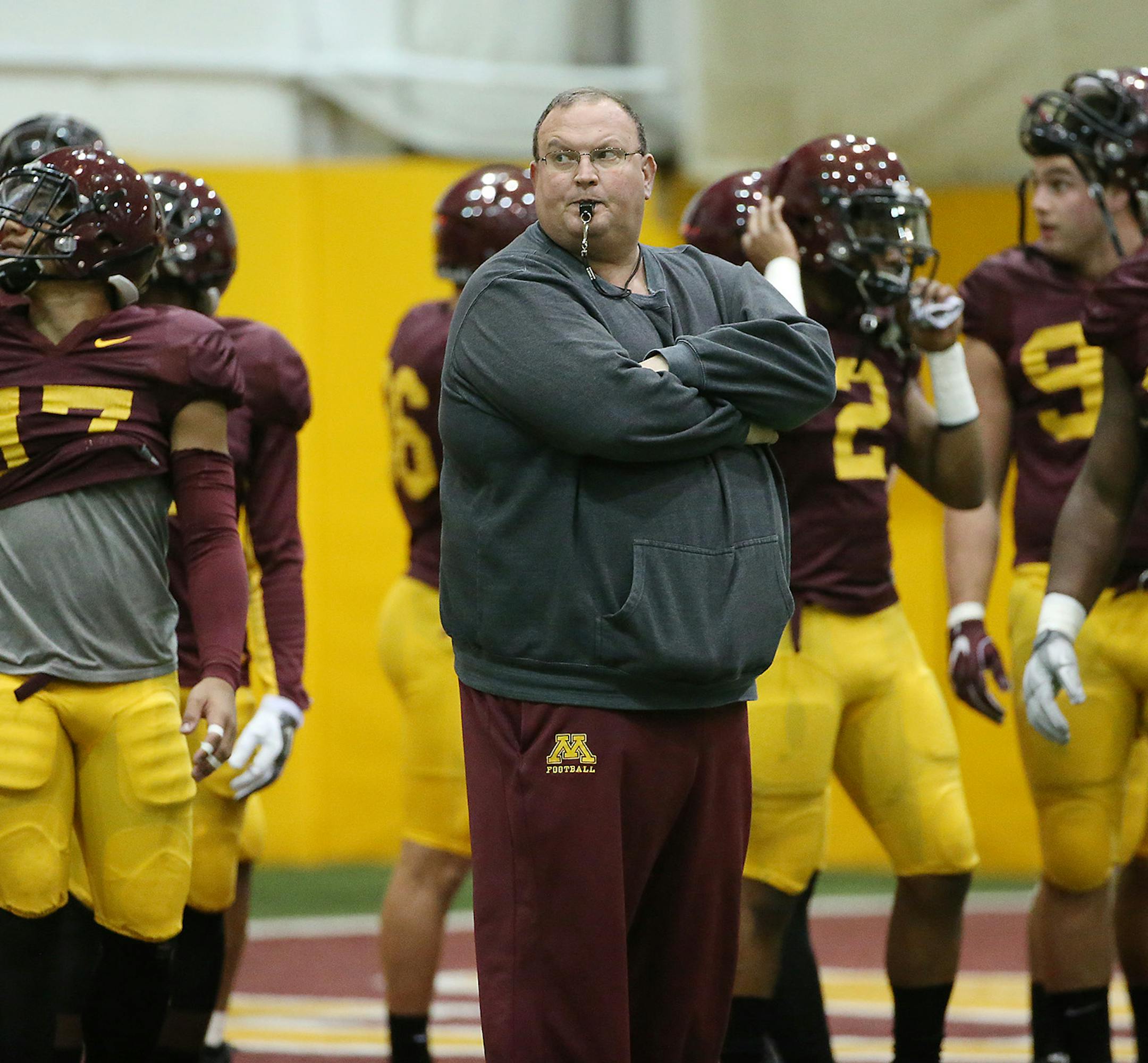 Minnesota Head coach Tracy Claeys took to the practice field at the Gibson-Nagrski Football Complex at the U of M, Thursday, April 7, 2016 in Minneapolis, MN. ] (ELIZABETH FLORES/STAR TRIBUNE) ELIZABETH FLORES &#x2022; eflores@startribune.com