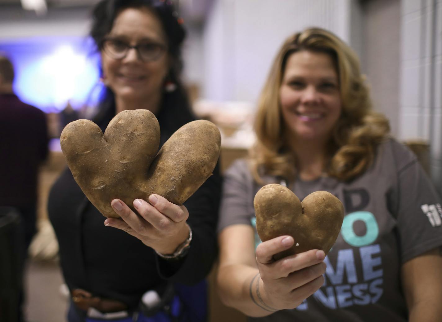 The goofy shapes you find when packaging potatoes for Thanksgiving meal bags at the Union Gospel Mission. Lonnie West, left, and Christy Vasquez held up a "W" (maybe?) and a heart-shaped potato while putting packaging potatoes. ] JEFF WHEELER &#xef; jeff.wheeler@startribune.com Volunteers were packing and distributing Thanksgiving meal components at the Union Gospel Mission in St. Paul Monday evening, November 20, 2016. Christy Vasquez, who has received the Thanksgiving grocery bag herself in th