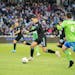 Minnesota United forward Luis Amarilla (9) dribbled the ball up the field against the Seattle Sounders on Saturday night April 2, 2022, at Allianz Fie