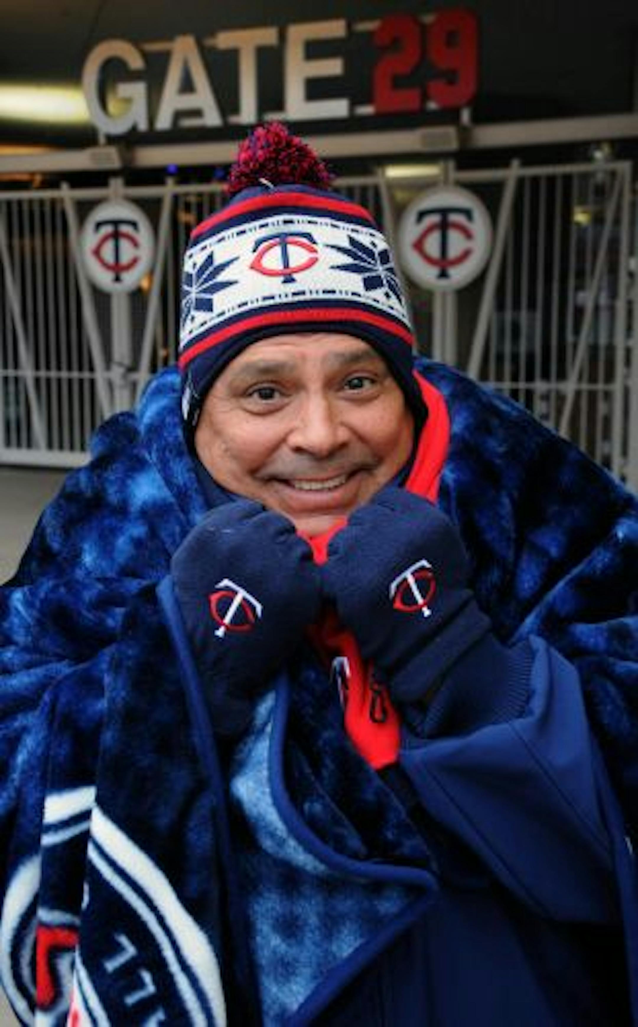 Dave Fuentes of Merced, Calif., sports cold-weather gear from a Twins pro shop.