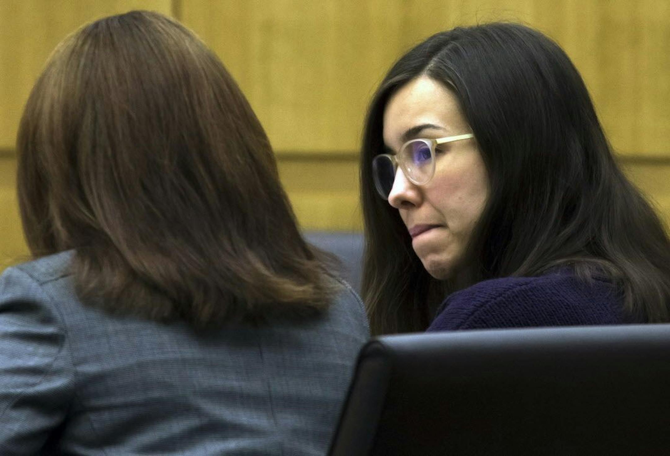FILE - This Thursday, Feb. 5, 2015, file photo, Jodi Arias, right, sits with her defense attorney Jennifer Willmott.
