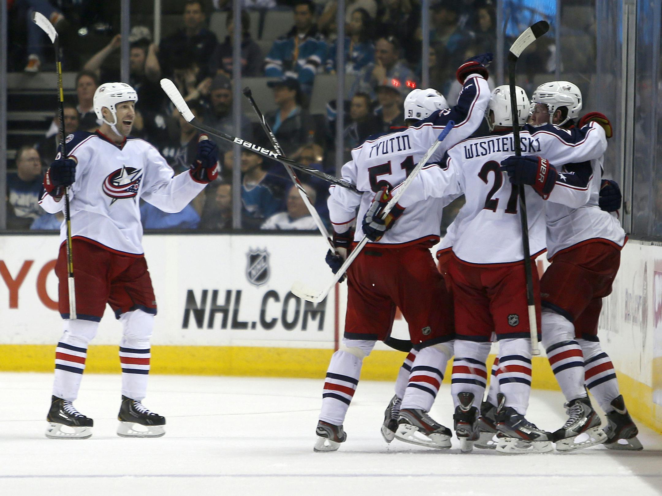 The Columbus Blue Jackets celebrate the game-winning goal by Columbus Blue Jackets' Ryan Johansen (19) against the San Jose Sharks in the third period at HP Pavilion in San Jose, California, on Sunday, April 21, 2013. (Nhat V. Meyer/San Jose Mercury News/MCT)
