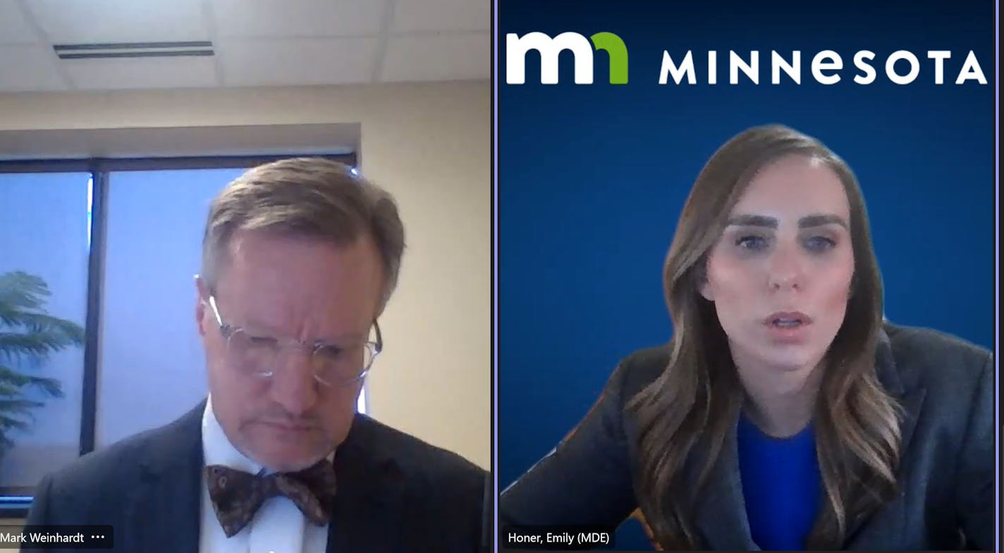 Screenshot from the virtual hearing April 7 for Partners in Quality Care, a St. Paul nonprofit, to appeal the funding suspension from the Minnesota Department of Education. Mark Weinhardt, left, represents the nonprofit while Emily Honer, right, made the Education Department's case for the suspension.