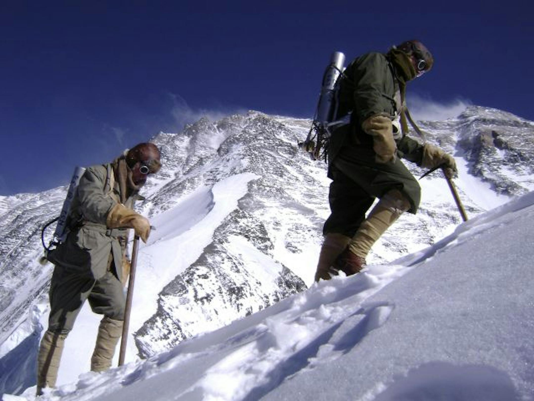 Conrad Anker and Leo Houlding test out replica 1924 climbing gear in a scene from "The Wildest Dream."