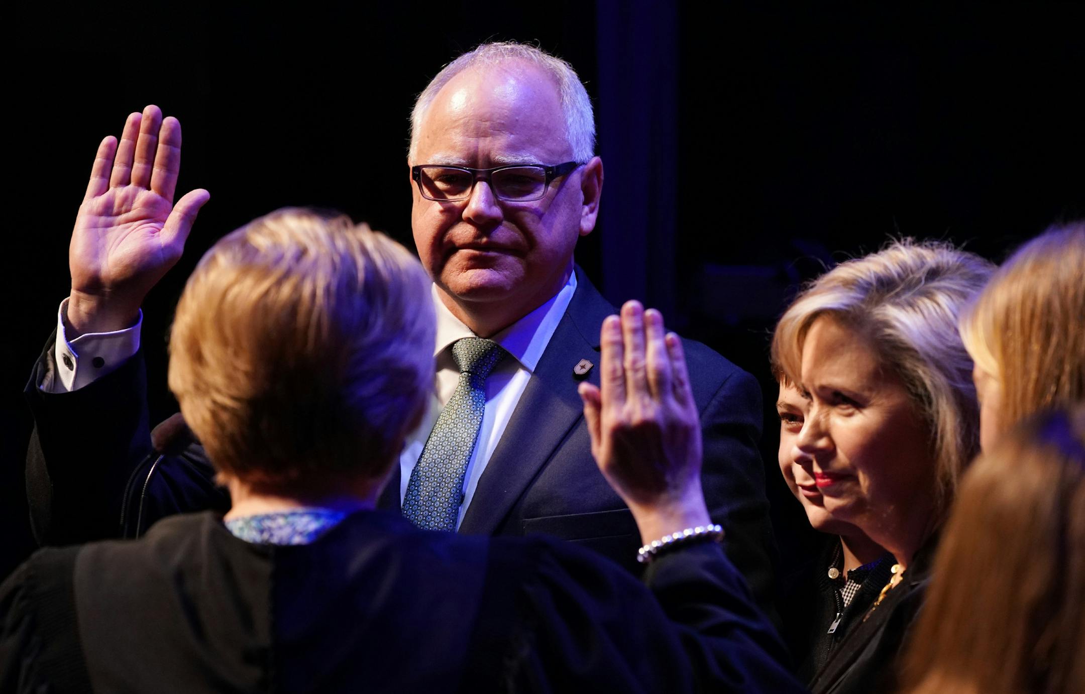 Gov. Tim Walz stood with his family as he took the oath of office at the Fitzgerald Theater in St. Paul, Minn. ] ANTHONY SOUFFLE &#x2022; anthony.souffle@startribune.com Inauguration Day. Tim Walz will be sworn in as Minnesota's 41st governor, and constitutional officers Attorney General Keith Ellison, Secretary of State Steve Simon and State Auditor Julie Blaha will take their oaths of office as well.