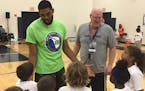 Timberwolves' center Karl-Anthony Towns addresses kids at his basketball camp Wednesday at Providence Academy in Plymouth. Photo/Michael Rand