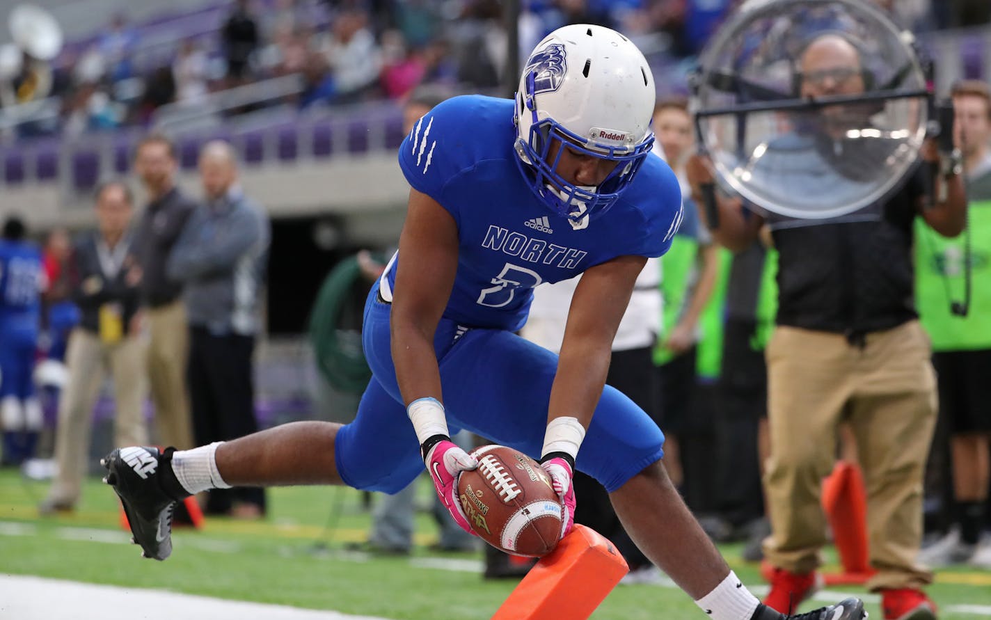 Kehyan Porter tried to score on a two-point conversion for Minneapolis North in the third quarter, but the play was called out of bounds. ] Shari L. Gross / sgross@startribune.com Minneapolis North defeated Rushford-Peterson 30-14 to earn their first title in the 1A football championship at U.S. Bank Stadium in Minneapolis, Minn. on Saturday, Nov. 26, 2016.