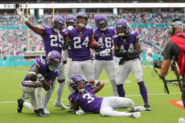 The Vikings defense celebrated a big play late against Miami.