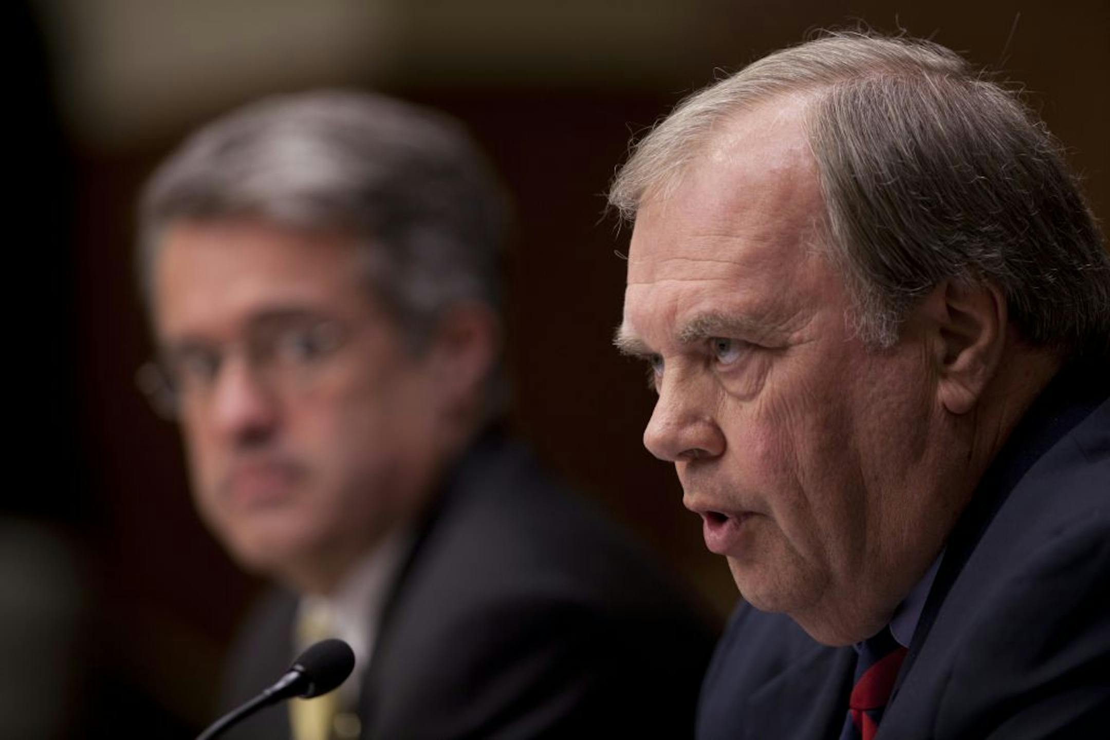A hearing of the House's Government Operations and Elections Committee was held Monday night, April 17, 2012 in a room of the State Office Building in St. Paul. Rep. Joyce Peppin is chair of the committee. House File 2810 is coauthored by Republican Rep. Morrie Lanning and Democrat Rep. Terry Morrow. Reps. Lanning, foreground, and Morrow testifying at the beginning of the hearing Monday evening.