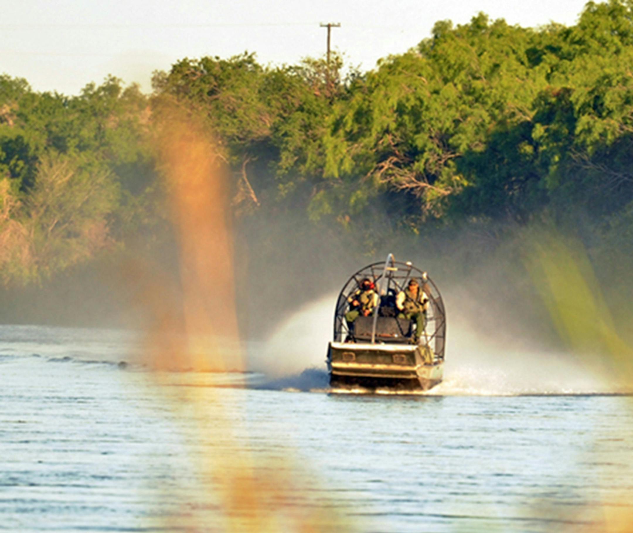 Border patrol air boat on Rio Grande River, Texas
credit Jim Williams