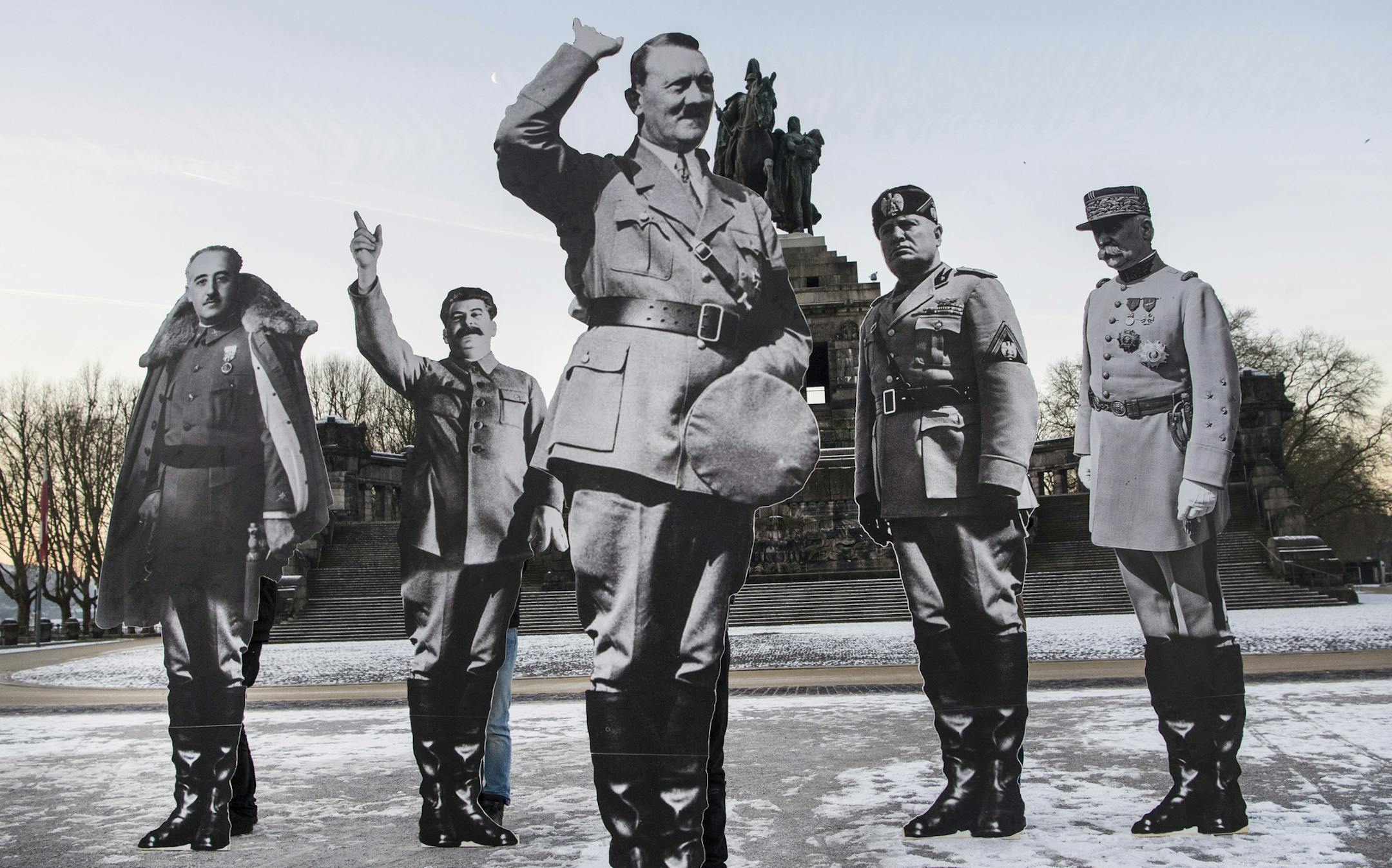 Activists of the global civic movement Avaaz have set up images of Franco, Stalin, Hitler, Mussolini and Petain in Koblenz, Germany, Saturday, Jan. 21, 2017, where a meeting of European nationalists is planned. Dutch populist anti-Islam lawmaker Geert Wilders, AfD (Alternative for Germany) chairwoman Frauke Petry, far-right leader and candidate for next spring presidential elections Marine le Pen from France and Italian Lega Nord chief Matteo Salvini will attend the meeting. (Boris Roessler/dpa