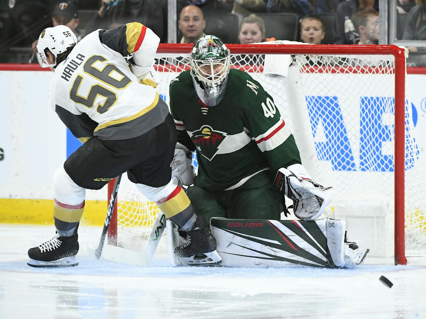 Minnesota Wild goaltender Devan Dubnyk (40) eyed the puck as Vegas Golden Knights left wing Erik Haula (56) attacked the goal in the second period Saturday. ] AARON LAVINSKY &#x2022; aaron.lavinsky@startribune.com The Minnesota Wild played the Vegas Golden nights on Saturday, Oct. 6, 2018 at the Xcel Energy Center in St. Paul, Minn.